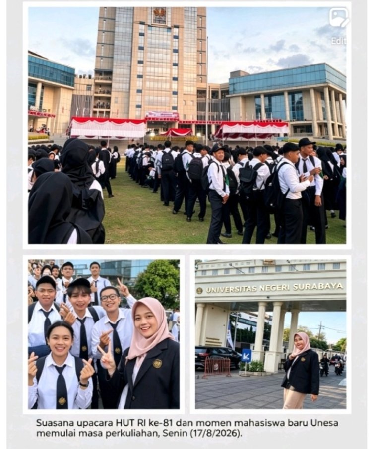 Awali Masa Perkuliahan, Mahasiswa Baru Asal Gresik Ikuti Upacara HUT RI ke-81 di Kampus Unesa