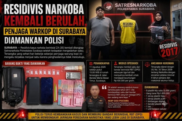 Residivis Narkoba Kembali Berulah, Penjaga Warkop di Surabaya Diamankan Polisi