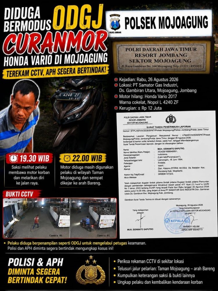 Curanmor Honda Vario Mojoagung Jombang Terekam CCTV, Polisi Harap Bertindak Cepat